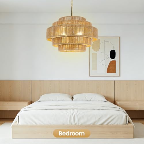 BoostArea 5-Tier Boho Chandelier Light Fixture,20" Hand Woven Pendant Lights Kitchen Island,Large Farmhouse Pendant Light for Kitchen,Dining Room,Hallway, Foyer - color: Gold & Brown