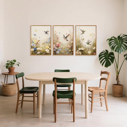 CHDITB Floral Bird Framed Canvas Wall Art Set Of 3, Vintage Garden Wall Decor, Nature Wildflower And Bird Wall Painting, Botanical Flower Art Prints For Dining Room Bedroom Decor (12X16 Inch) - color: Floral bird