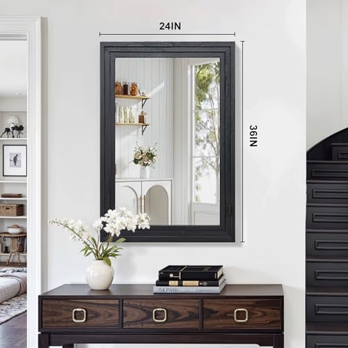 Wood Framed Mirrors for Wall, Black Bathroom Vanity Mirror for Over Sink 24 x 36, Vintage Wall Mirror for Bathroom Sink Hallway Entryway Bedroom Living Room Farmhouse Boho Style - color: Wooden Black, size: 36"L x 24"W