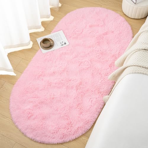 Goideal Fluffy Bedroom Rug, Small Oval Area Rugs, Pink Shag Bedside Carpet for Kids Room Nursery Dorm Cute Fuzzy Indoor Decor for Boy and Girl, 2.6 x 5.3 Feet - color: Pink