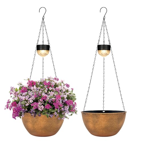 BAYN 2 Packs Solar Hanging Basket Planters for Plants Outdoor, Self Watering Bronze Flower Plants Pots with Solar Light Drainer for Balcony Patio Garden Outdoor Decoration - color: Bronze