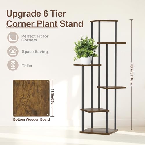 Oppro 6 Tier Plant Stand Indoor Outdoor, Tall Metal Wood Muti-Level Planter Shelf Holder, Sturdy Large Vertical Corner Orchid Flower Pot Display Rack for Narrow House Decor Office Living Room Bedroom, Oak - color: Oak-6 Tier