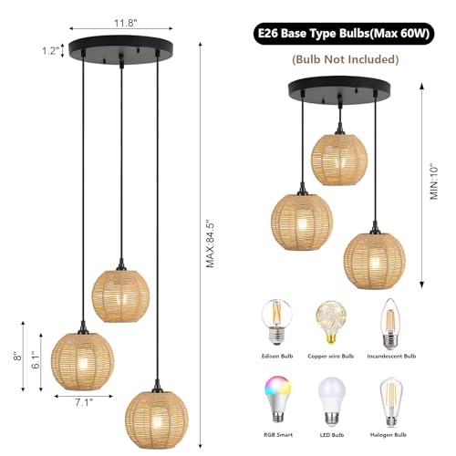 Round 3 Light Boho Pendant Light Rattan Hanging Lamp Hand Woven Wicker Small Chandelier Hanging Lights Fixture for Bedroom Kitchen Hallway Foyer - size: Round 3 Lights
