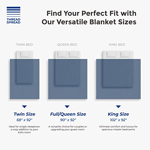 THREAD SPREAD Organic GOTS Certified Cotton Blanket, Twin/Twin XL - 350 GSM, Antistatic, Fuzzy Soft, Lightweight, Sofa, Camping & Travel, All-Season Herringbone Throw, Medium Blue + Bonus Tote Bag - color: Herringbone - Medium Blue, size: Twin / Twin XL