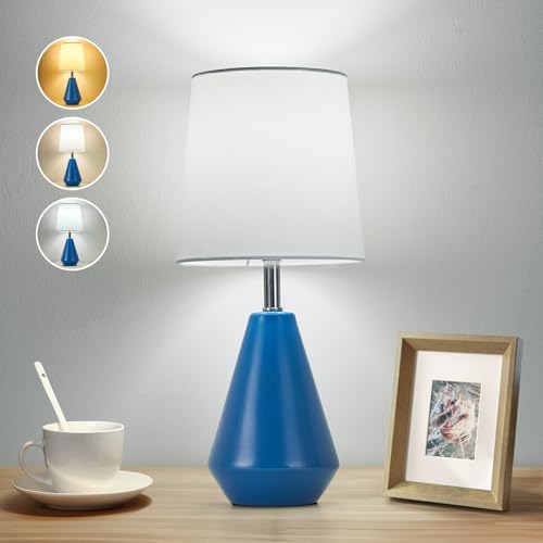 Small Bedside Table Lamp for Bedroom - Reading Desk Lamp with 3 Color Temperatures，15.5" Nightstand Ceramic Lamp with Fabric Shade for Kids Room,Living Room,Dorm,Home Office (Blue+White) - color: Blue+White, size: 15.5"