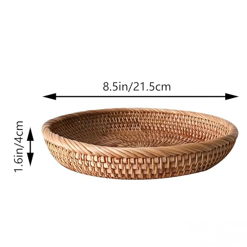 Set of 2 Round Rattan Fruit Bowls (8.7 Inch) – Handwoven Wicker Bread Baskets for Serving – Shallow Decorative Trays for Coffee Table, Entryway Keys & Catchall – Boho Kitchen Decor - size: 8.7"*2