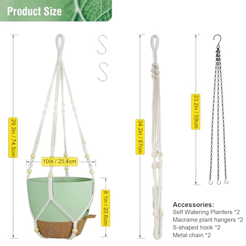 Meowell 10 inch Self Watering Hanging Planters for Indoor Plants, 2 Pack Hanging Baskets for Outdoor Plants, Hanging Flower Pots with Drainage Holes & 2 Kinds of Plant Hangers for Home Decor, Green - color: Green With Brown