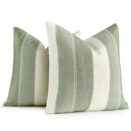 AmHoo Pack of 2 Farmhouse Stripe Check Throw Pillow Covers Set Case Cotton Linen Decorative Pillowcases Cushion Cover for Couch Bench Sofa 16x16 Inch Sage Green - color: Sage Green, size: 16" x 16" (Pack of 2)