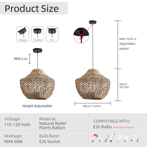 2-Pack Rattan Pendant Light, 11.81" Boho Pendant Light Rattan Chandelier Handmade Woven Wicker Rattan Hanging Chandelier for Farmhouse Dining Room Bedroom Hallway Kitchen Island - color: Brown rattan, size: 2 -pack 11.8in