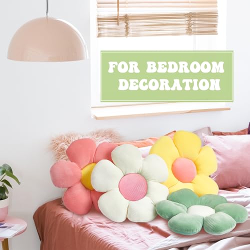 Reginary 4 Pcs Flower Floor Pillows Cute Plush Flower Throw Pillows Daisy Floor Seat Cushion Chair Pads for Back to School First Day of School for Sofa Couch Bed Decor(15 Inch,Light Color) - color: Light Color