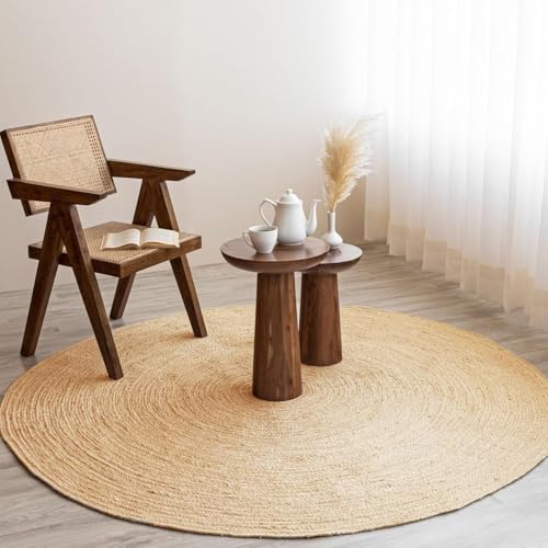 HOMEMONDE Handwoven Jute Area Rug - 4 feet Round Natural Yarn Loom Braided Rug - Eco-Friendly Boho Farmhouse Reversible Design for Bedroom, Living Room, and Kitchen (Natural) - size: 4' (Round)