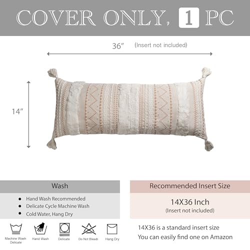 BlissBlush 14x36 Lumbar Pillow Cover for Bed, Rectangular Long Decorative Throw Pillowcase, Boho Accent Cushion with Tufted Pattern and Tassels, Cream Beige Neutral (Cover Only) - color: Beige, size: 36" x 14" (Pack of 1)