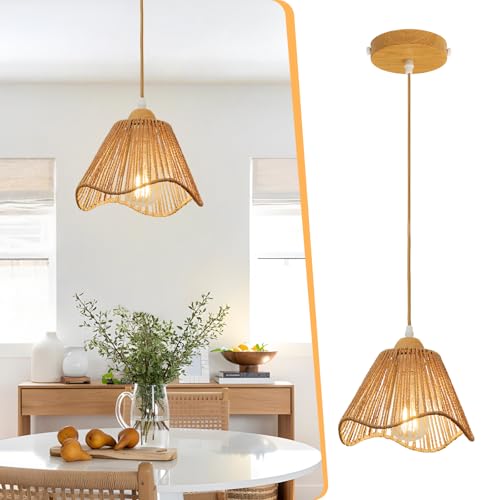 Wave Rattan Chandelier Pendant Lights Kitchen Island,Farmhouse Boho Chandeliers Adjustable Height Hanging lamp for Dining Room,Kitchen Ceiling Light Fixtures with Hand Woven Wicker Lampshade - size: 1 Pack
