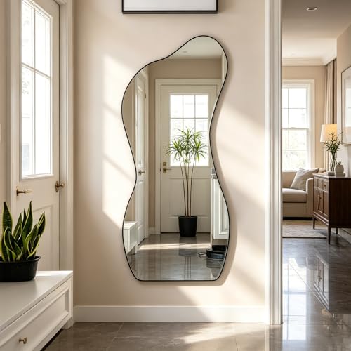 POZINO Irregular Wall Mirror, 47.2"x22" Asymmetrical Frameless Mirror Decorative, Modern Organic Shaped Mirror for Entryway Hallway Living Room Bedroom, Horizontal or Vertical Hanging - color: Black Large 01, size: 47.2"L x 22"W
