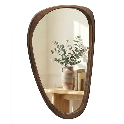 Solid Wood 30"x20" Irregular Asymmetrical Wall Mirror, Japandi Boho Mid-Century Modern Decorative Accent Mirror, Small Organic Shaped Wooden Wall-Mounted Mirror, Dark Walnut - color: Dark Walnut, size: 30"L x 20"W