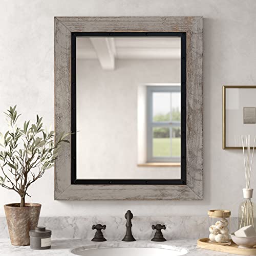 YOSHOOT Rustic Wooden Framed Wall Mirror, Natural Wood and Iron Bathroom Vanity Mirror for Farmhouse Decor, Vertical or Horizontal Hanging, 53" x 28", Grey - color: White Grey, size: 53"L x 28"W