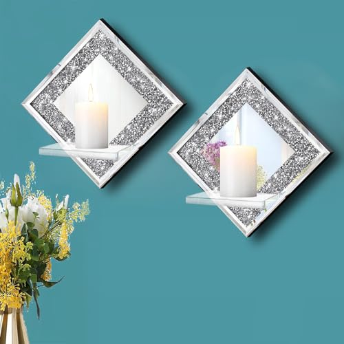 ZOLAPI Crystal Crush Diamond Wall Candle Holder Set of 2, Diamond Silver Mirrored Candle Sconces, Home Wall Decoration for Living Room, Dining Room & Bedroom. - color: Silver Mirror ◆