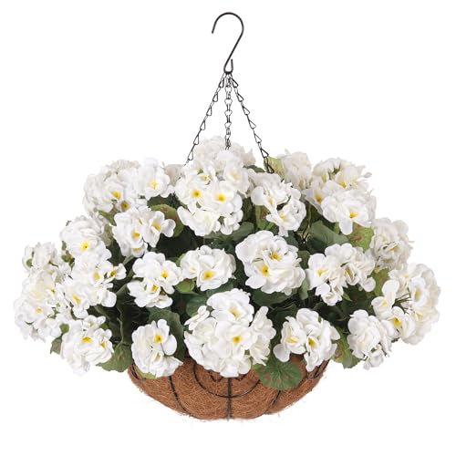 INSPRING Geraniums Artificial Flowers Hanging Basket for Outdoors Outside Spring Decoration, 8 Bundles Silk Flowers Fake Plants Look Real UV Resistant for Porch Home Patio Balcony Yard, White - color: White