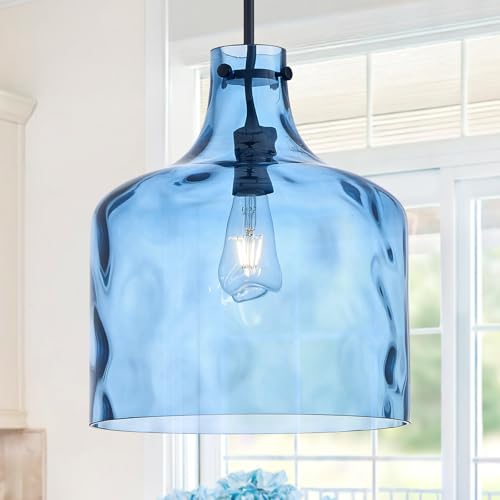 Farmhouse Pendant Light – Hand-Blown Blue Hammered Glass Shade, Black Finish, E26 Socket, Adjustable Chain Hanging Light Fixture for Kitchen Island, Dining Room & Hallway, 15" H x 12" D - color: Chain Blue