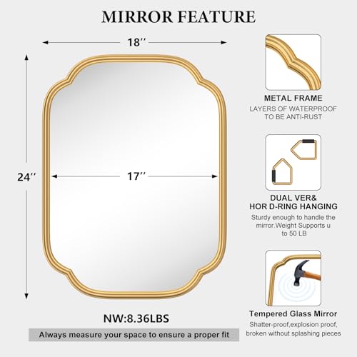 Ferytange Gold Mirrors for Bathroom, 18" x 24" Rectangular Wall Mirror for Bathroom Metal Frame Farmhouse Rounded Corner Wall Mirror (Horizontal/Vertical) - color: Gold, size: 24"L x 18"W