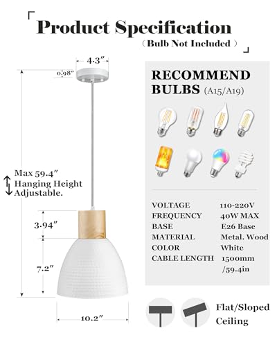 ELYONA 10.2” Hammered Pendant Light Fixtures, Metal & Rubber Wood Island Hanging Lamp, Adjustable Height, Modern Pendant Lighting for Kitchen,Farmhouse Bar,Dining Room,Bedroom, Nordic White - color: White - 1 Pack