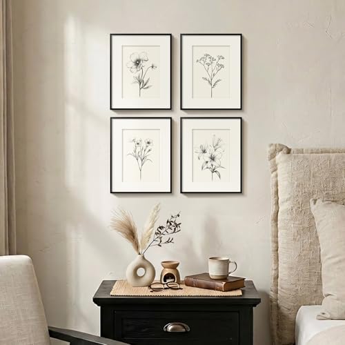 Framed Black and White Botanical Wall Art for Bathroom, 4 Piece Minimalist Floral Plant Artwork for Walls, Vintage Farmhouse Flower Picture Prints for Bedroom Kitchen Living Room Wall Decor, 8x10 Inch - color: Black and White, size: 8" W x 10" H x 4pcs
