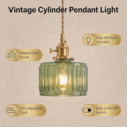 Green Striped Glass Pendant Light, 1 Natural Light Bulb Included, Adjustable Cord with Switch, Suitable for Kitchen Island/Dining Room - color: Green 1pc Ribbed Glass Pendant Light