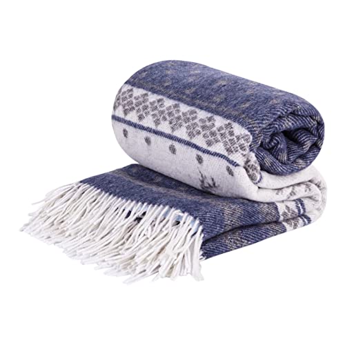 LYHome Merino Wool Blanket - Warm Throw for Cold Weather, Warmest Travel Outdoor Camping Blankets, Picnic Army and Military Throws, Comforter Soft & Cozy (55" x 79" Navy Blue with White Raindeers) - color: Navy Blue With White Raindeers