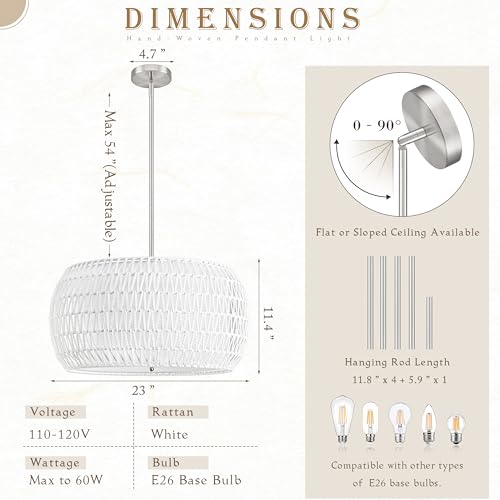 23 inch White 5 Light Rattan Chandelier Rattan Farmhouse Light Fixture Woven Pendant Lights Fabric Shade Boho Chandelier for Kitchen Dinning Room - color: 23"-White-Drum
