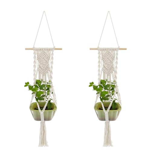 Boho Macrame Plant Hangers Set of 2 - Hanging Planter with Patterns, Handmade Cotton Rope Hanging Baskets for Indoor Outdoor Plants, Bohemian Home Wall Decor Art - color: A White
