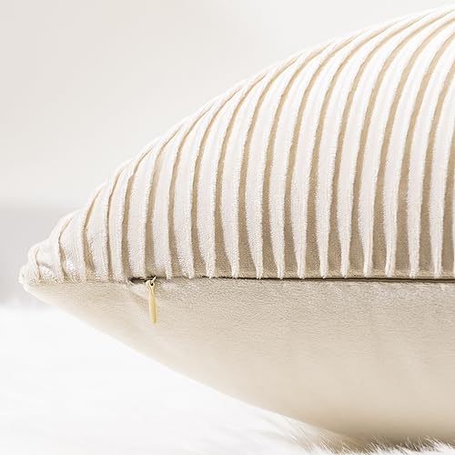 YCOLL Beige Pillow Covers 20x20 Set of 2 Velvet Striped Pattern - Soft Throw Pillows for Home Decor, Luxury Decorative Pillow Covers for Couch, Bed,Living Room - color: Beige, size: 20" x 20" (Pack of 2)