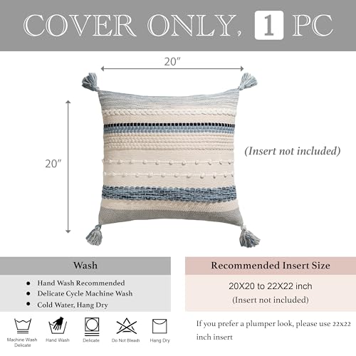 BlissBlush Coastal Blue Boho Decorative Throw Pillow Cover 20x20 Modern Bohemian Accent Pillow Case Square Woven Textured Farmhouse Pillows for Couch Bed (Pack of 1) - color: Coastal Blue, size: 20" x 20" (Pack of 1)