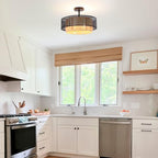 15.7-inch semi-recessed Ceiling Light with a Double-Drum Bohemian Rattan Woven Pendant, Suitable for bedrooms, Living Rooms, Dining Rooms, porches, and Kitchens. - color: 15.7'' Rattan&Hemp rope Black