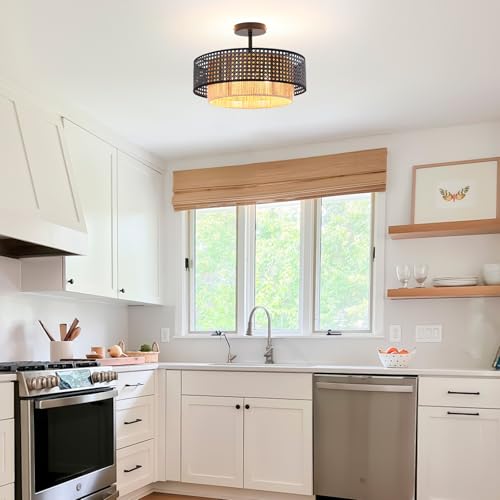 15.7-inch semi-recessed Ceiling Light with a Double-Drum Bohemian Rattan Woven Pendant, Suitable for bedrooms, Living Rooms, Dining Rooms, porches, and Kitchens. - color: 15.7'' Rattan&Hemp rope Black