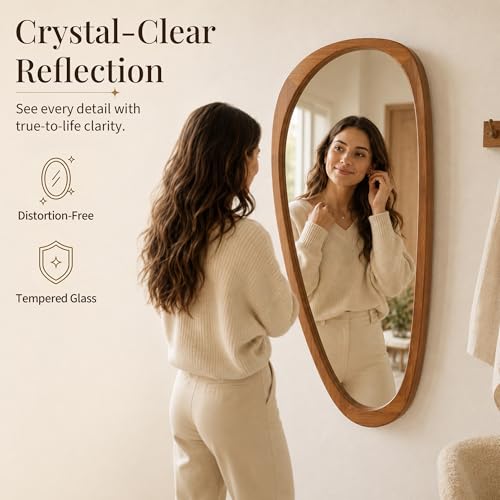 Solid Wood 48"x24" Large Aesthetic Wabi-Sabi Statement Mirror, Warm Walnut Full Length Irregular Mirror, Modern Organic Asymmetrical Wooden Wall-Mounted Mirror, Honey Walnut - color: Walnut, size: 48"L x 24"W