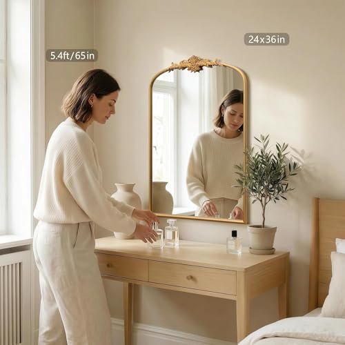 Besdomus Antique Arched Wall Mirror: 24"x36" French Large Arch Gold Vintage Vanity Mirror - Decorative Baroque Traditional Ornate for Entryway/Bedroom/Bathroom - Ideal for Bathroom Renovations - color: Gleaming Gold, size: 36"L x 24"W