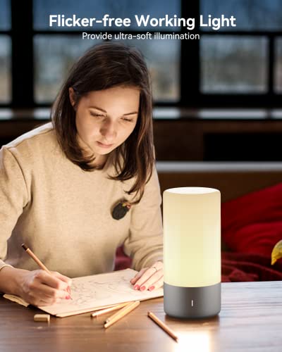 ROOTRO Table Lamp, [Advanced] Bedside Touch Control Lamp for Bedroom 3 Level Dimmable Warm White Lights with 256 RGB Color Mode Modern Deisgn Smart Nightstand Desktop LED Lamps Portable for Read - color: Gray