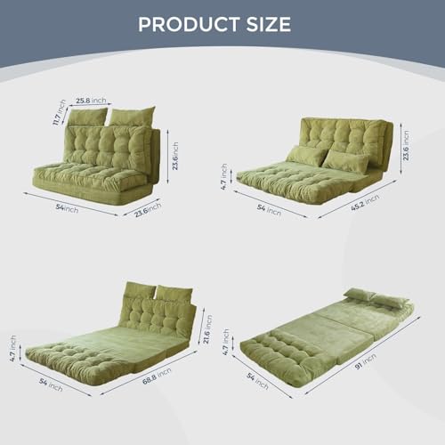 MAXYOYO Folding Sofa Bed, Tufted Bean Bag Bed with Pillows Floor Couch for Adults, Extra Thick and Long Floor Sofa, Full Floor Couch Bed for Bedroom Living Room, Green, 54x91 Inch - color: Green, size: Tufted Full