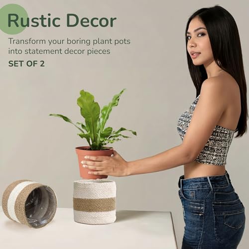 Jute Planter Basket -Sustainable Woven Rope Covers for Decorating Indoor/Outdoor Plants Pots 6.5x6.5x6 Inches Ideal Size for 6" Planter-Multi-Purpose Storage Set of 2 White & Natural Jute - color: White/Natural Jute -Pack of 2, size: 6.5 Inch