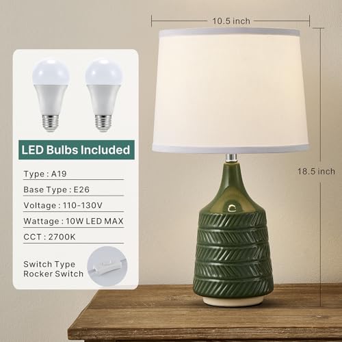 Green Ceramic Table Lamps Set of 2, 18.5" Modern Bedside Lamps for Night Stands, Decor Classic Small Lamps for Living Room End Tables, Farmhouse Boho Lamp for Bedroom Office, LED Bulbs Included - color: Green