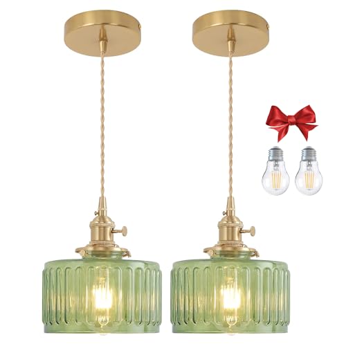 Green Striped Glass Pendant Light, 2 Natural Light Bulbs Included, Adjustable Cord with Switch, Suitable for Kitchen Island/Dining Room - color: Green 2pcs Ribbed Glass Pendant Light