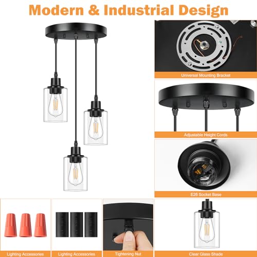 Licperron 3-Light Pendant Light Fixtures, Black Pendant Lights Kitchen Island, Adjustable Pendant Lighting with Clear Glass Shade, Modern Hanging Light Fixtures for Dining Room, Hallway, Living Room - size: 3-Lights