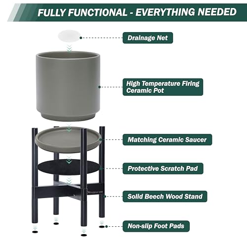 D'vine Dev Ceramic Planter with Ebony Stand - 8 Inch Modern Round Flower Pot with Wood Planter Holder, Grey, 55-B-M-3 - color: Grey Pot + Ebony Stand, size: 8 Inch