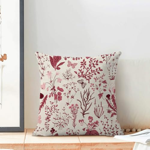 Christmas Pillow Covers 16x16 Inch Set of 2,Burgundy Red Wild Flower Plant Throw Pillows Case,Seasonal Floral Outdoor Decorative Square Linen Farmhouse Decor Cushion Covers for Home Sofa bed Couch - color: Burgundy Wild Floral, size: 16" x 16" (Pack of 2)
