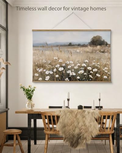 ARPEOTCY Extra Large Vintage Framed Wall Art, 36x54 Inch Wildflower Field Floral Landscape Hanging Canvas Prints Scroll Wall Art Decor for Living Room Bedroom, Retro Scenery Pictures Above of Bed - color: Yellow Wildflower Field