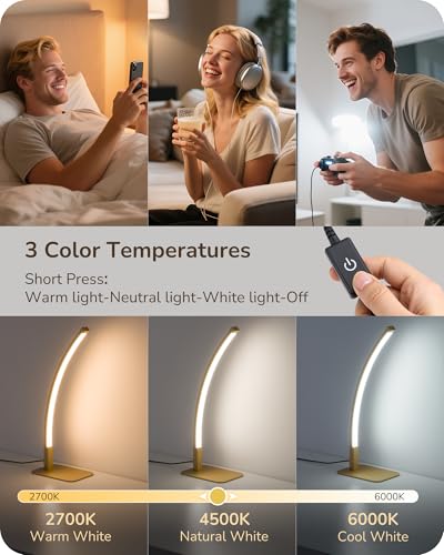 EDISHINE Curved LED Table Lamp, Modern Bedside Lamp with 3 Color Temperature & Stepless Dimming, Aluminum & Iron, Nightstand Lamp for Bedroom, Living Room, Gold - color: Gold