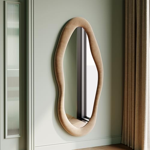 Honyee 55" x 24" Wall Mirror, Flannel Wrapped Wooden Frame Wavy Mirror, Irregular Mirror Hanging for Cloakroom/Bedroom/Living Room, Milk Tea - color: Milk Tea, size: 55"L x 24"W
