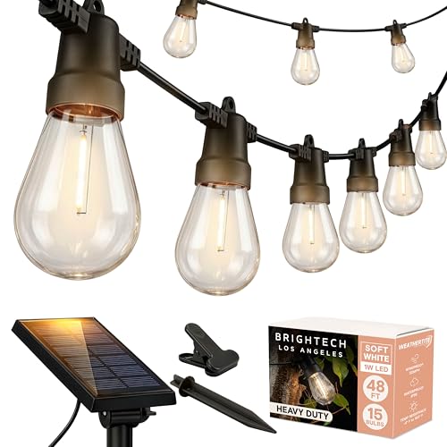 Brightech Ambience Pro Solar Powered Outdoor String Lights, 48 ft Commercial Grade Waterproof Patio Lights, 15 Edison Bulbs, Shatterproof LED String Lights for Outside, Porch - 1W Soft White - color: Bright, size: 48 Feet