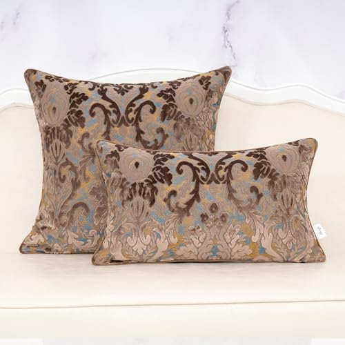 Alerfa Boho Brown Floral Throw Pillow Cover 20x20 Inch Cut Velvet Sqaure Luxury Embroidered Decorative Pillow Cover for Couch Living Room Bedroom - color: Brown, size: 20" x 20" (Pack of 1)