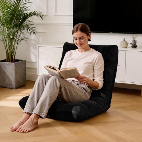 Folding Floor Chair 14-Position Cushioned Adjustable Floor Lazy Sofa Chair w/Breathable Cotton & Skin-Friendly Coral Velve for Adults & Kids Ideal for Reading Meditating，Black - color: Black